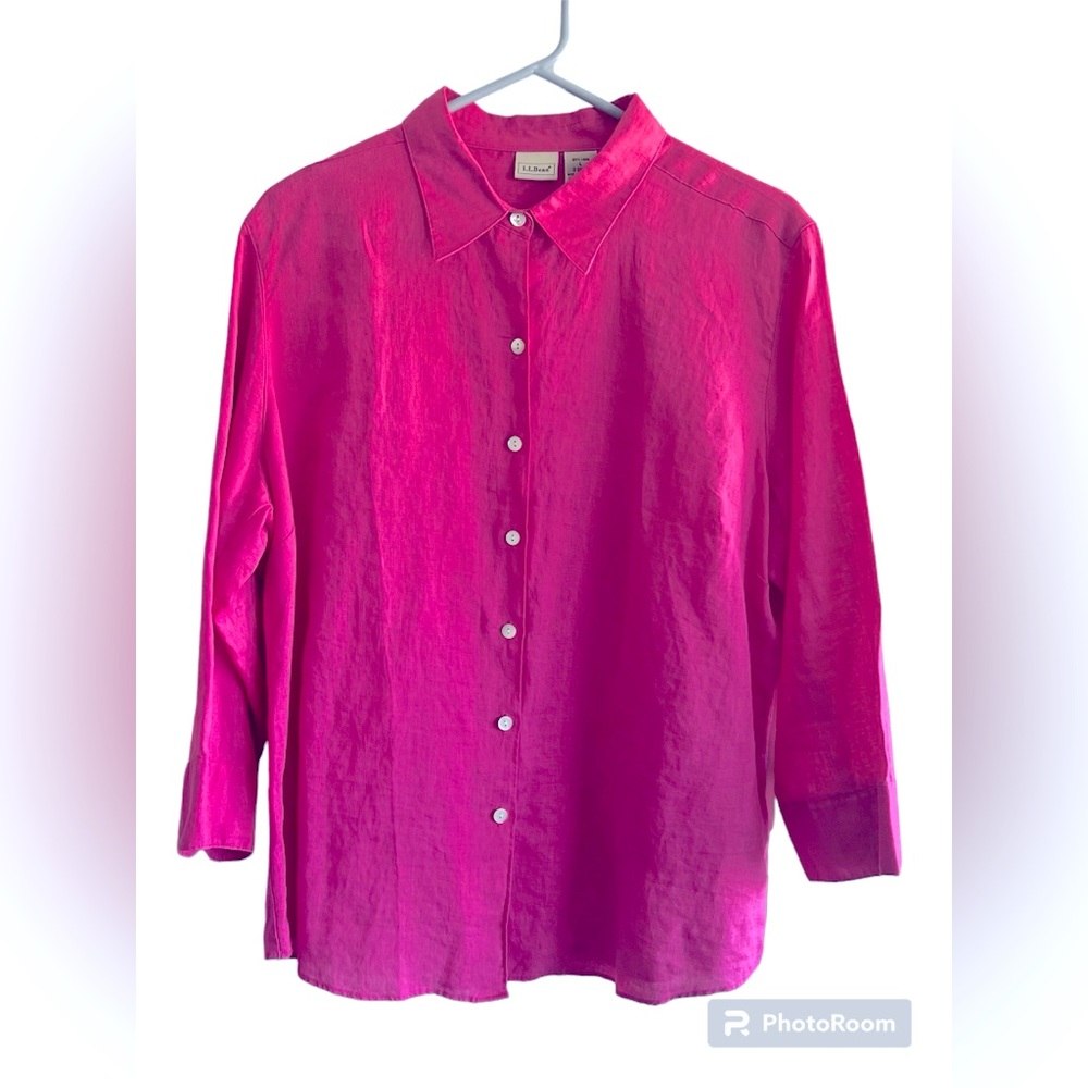 Lands’ End 100% Linen Blouse, Pink, 3/4 Sleeve, Berry Pink, Large